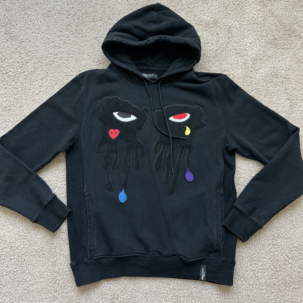 ROKU Studio Sweater Small Mens Black Fleece Pullover Embroidered Dripping Eyes